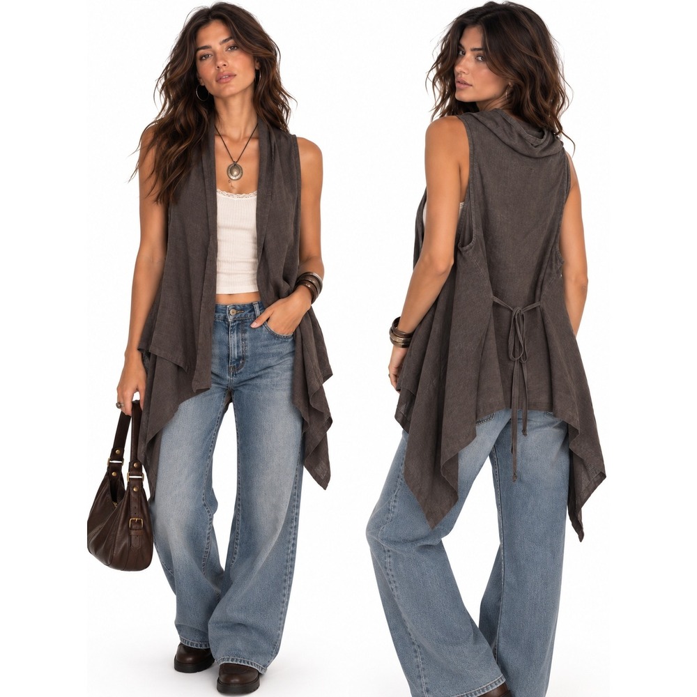 Bryn Walker Brown 100% Linen Tunic Vest Draped Handkerchief Hem Tie Back Medium